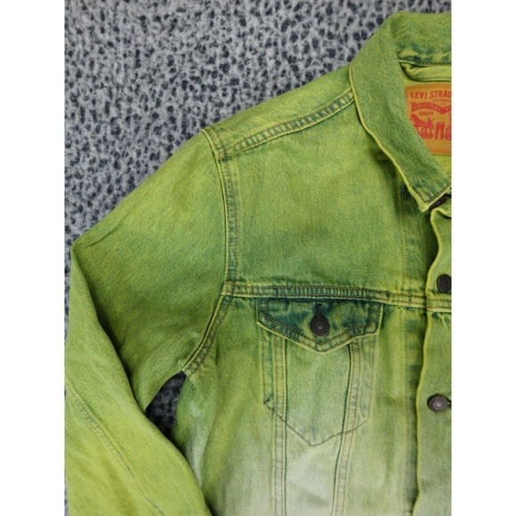 Levi's Type 3 Mens Lime Green Ombre Denim Trucker Jacket Heart Patch Size L - Picture 2 of 11